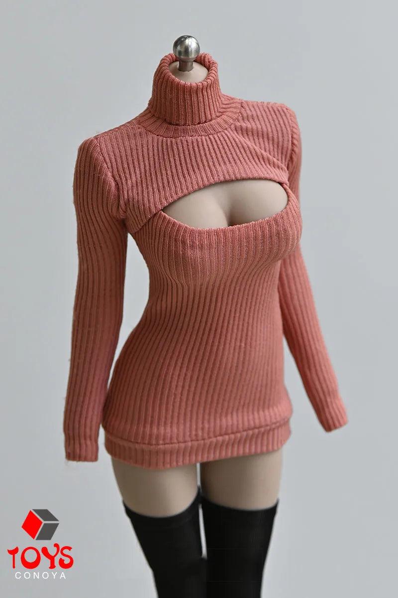 1/6 Scale Female Sweater Slim Elastic High Neck Knit Pullover Sexy Open Chest Tops Mini Sweater Dress for 12" Action Figure - Seprincess