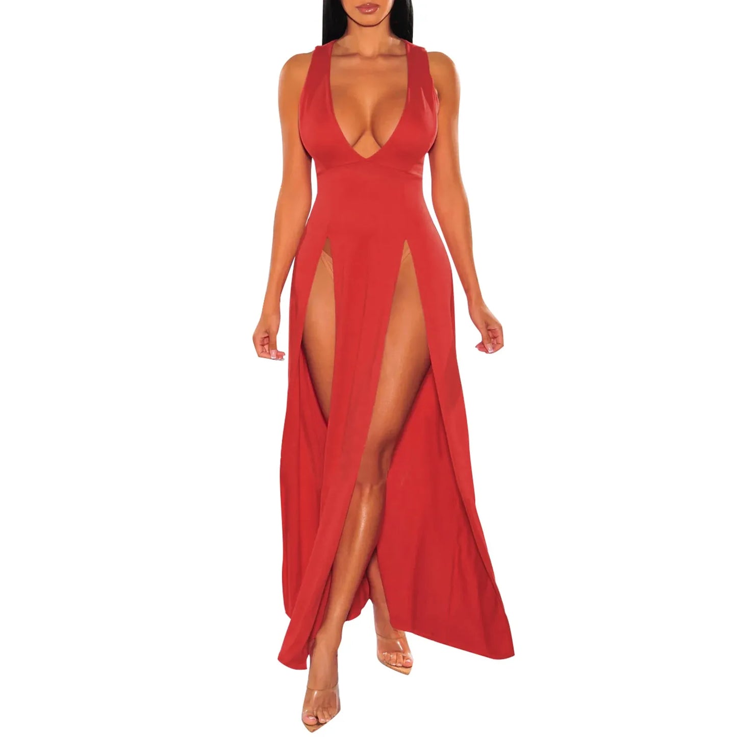 Sexy Lingerie Porno Exotic Dresses Deep V-Neck Sleeveless Double Slit Perspective Suspender Sexy Honeymoon Plus Size Vestidos - Seprincess