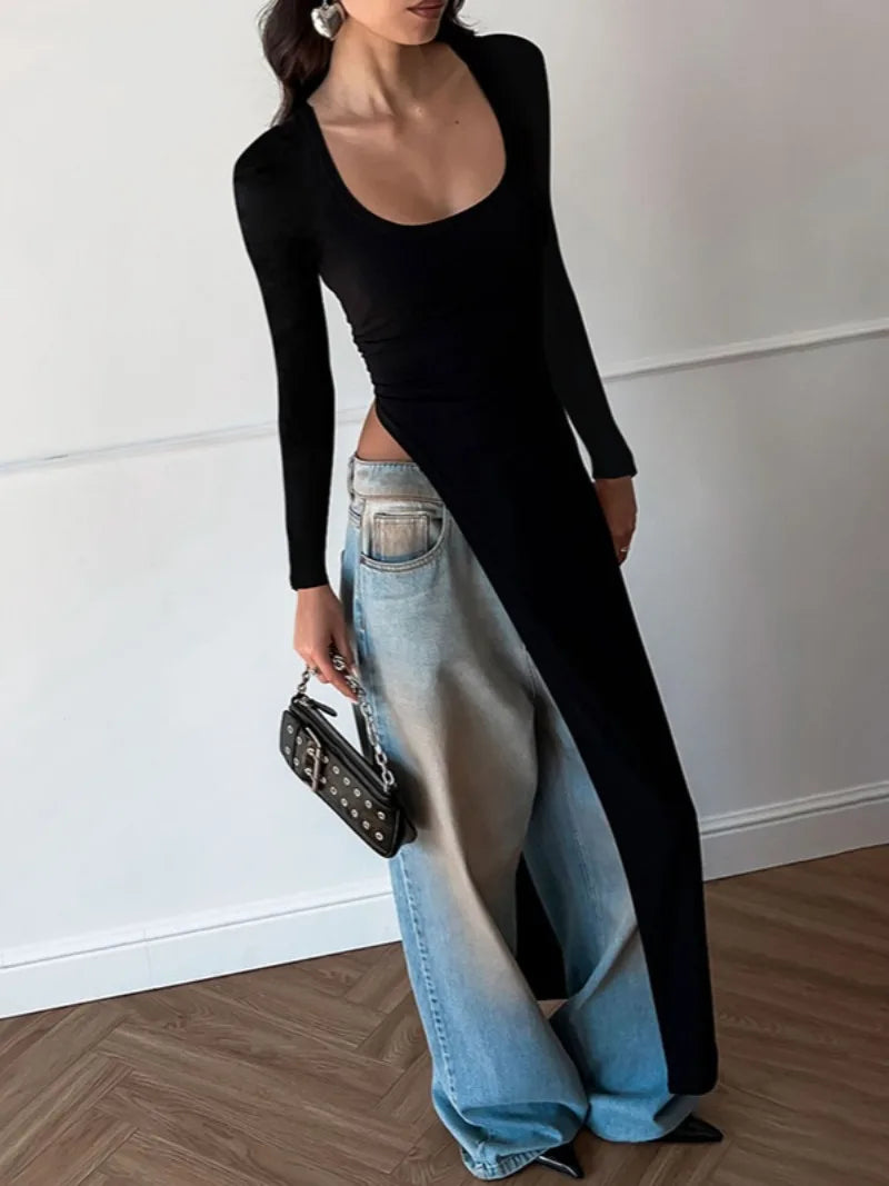 Woman Clothing Long Sleeve High Slit Black T-shirt Dress Y2K Streetwear 2024 Fall Ladies High Waist Slim Irregular Long Dresses - Seprincess