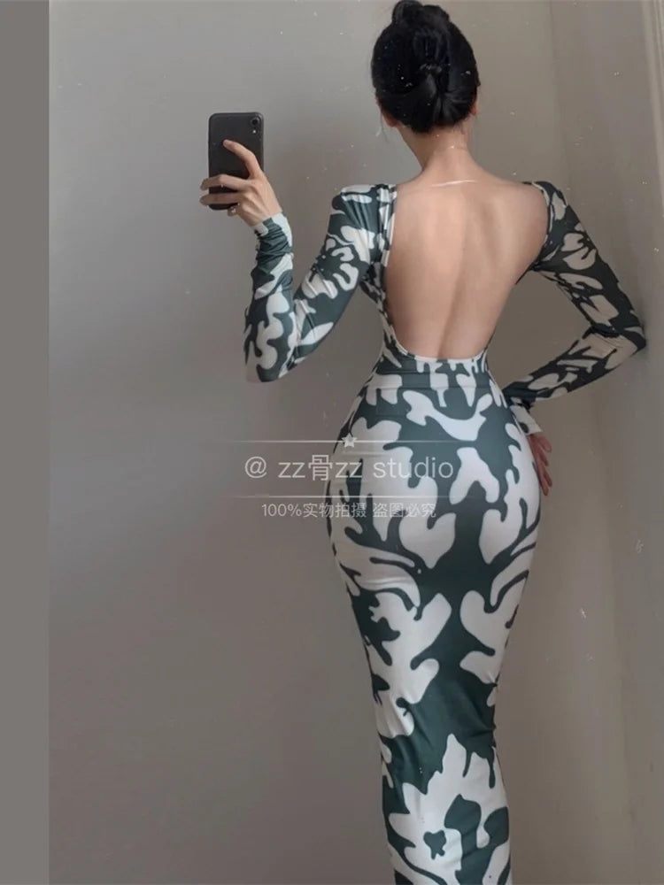 Winter New WOMENGAGA Sexy Backless Fashion Printing Elegant Skinny Slim Hip Maxi Dress Long Robe Hot Sexy Korean Women Top UC86 - Seprincess