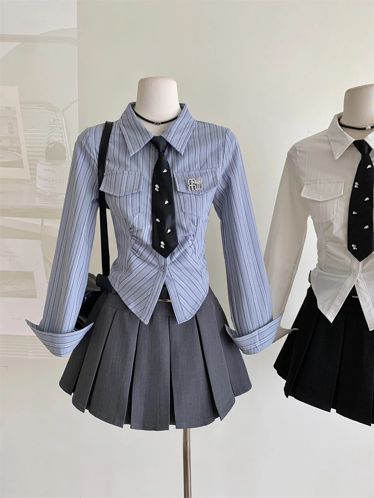 Women JK Preppy Y2k Gyaru Kpop 2000s Outfits 2 Piece Set Long Sleeve Shirts With Tie Crop Tops + Mini Pleated Skirts With Belt - Seprincess