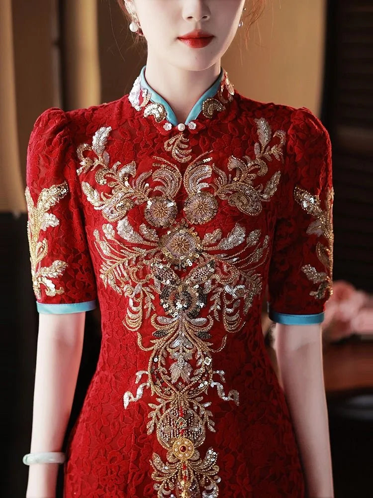 Toast Bride Wedding Dress Luxury Sequin Qipao Long Chinese Women Traditional Vintage Cheongsam Dresses Evening Gown China - Seprincess