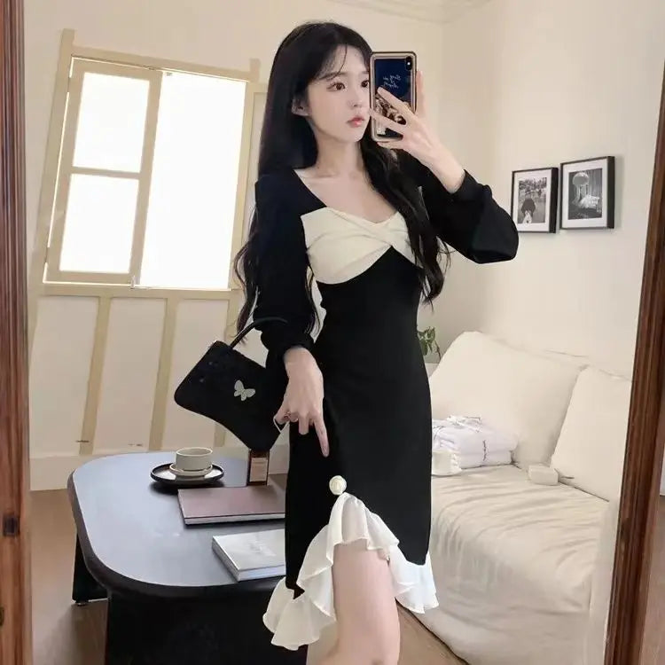 Spicy Girl Irregular Black Long Sleeved Dress Plus Size Women's Clothing Fat Mm Slimming Dress Black Dress High-end - Seprincess