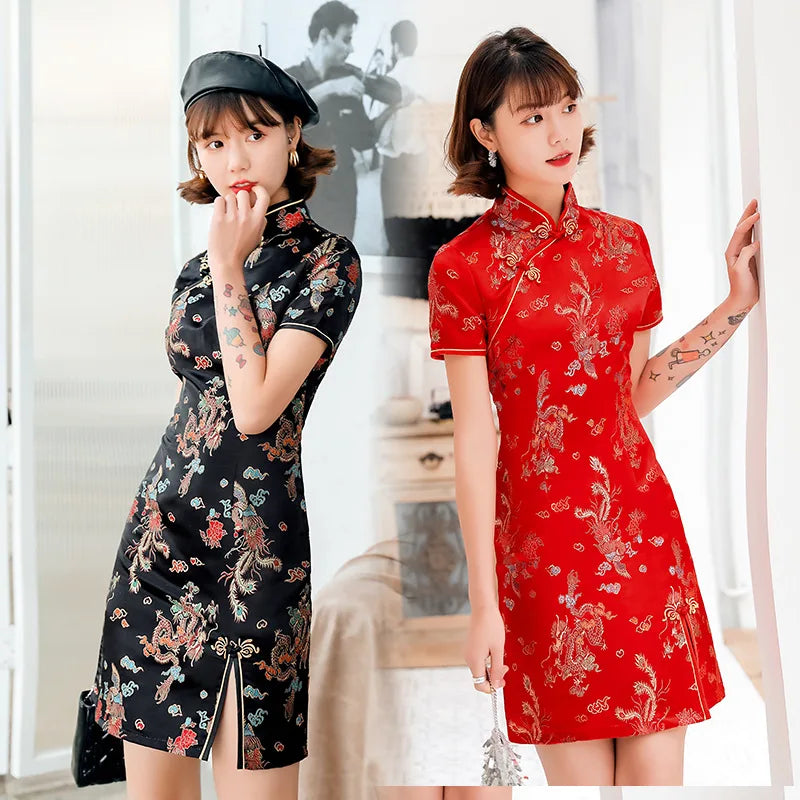 Front Fork Dragon&Phoenix Qipao Elegant Women Cheongsam Old Shanghai Mandarin Collar Sexy Short Chinese Dress Vestido - Seprincess