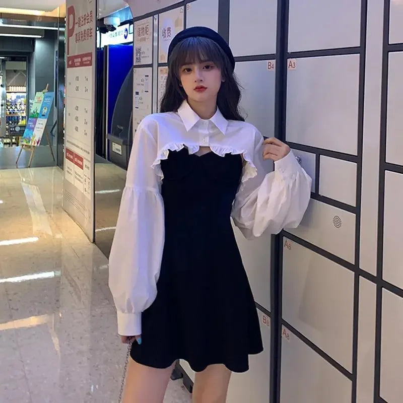 Autumn Women Sexy Black Spaghetti Strap Dress and White Long Sleeve Blouses Crop Tops Korean Fashion Mini Vestidos - Seprincess