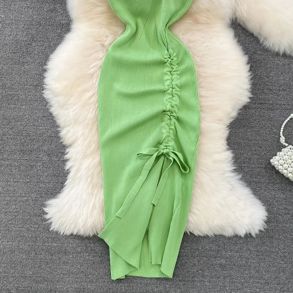 Summer Green Black Knitted Robe Femme Summer O Neck Sleeveless Kink Hollow Out Sexy Slim Bodycon Dress Split Fork Long Vestidos - Seprincess