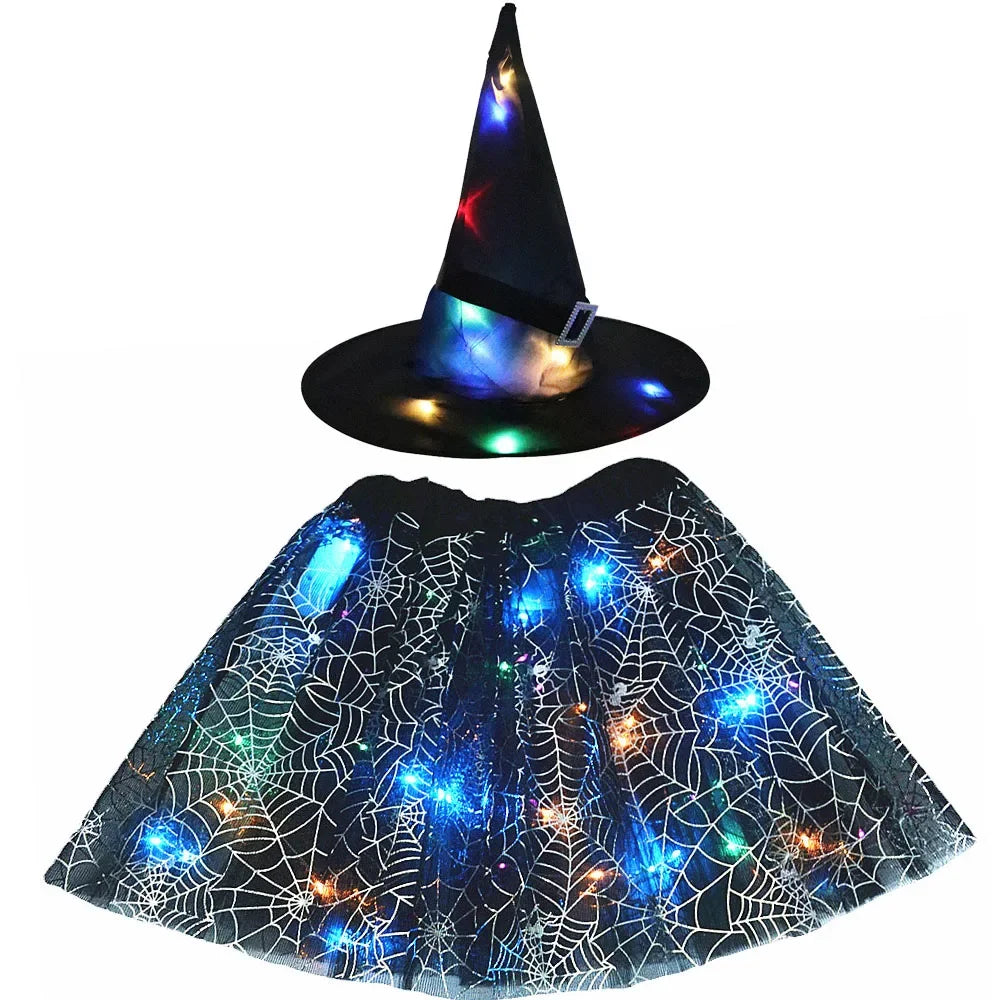 Women Kids Girl Luminous LED Glow Light Up Elf Witch Hat Star Skirt Spider Web Tutu Wizard Costume Party Gift Halloween Festival - Seprincess