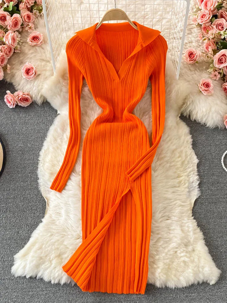 Women Korean Knitted Dress Long Sleeve V Neck Elastic Slim Pencil Dresses 2024 Autumn Sexy Bodycon Split Sweater Dress - Seprincess