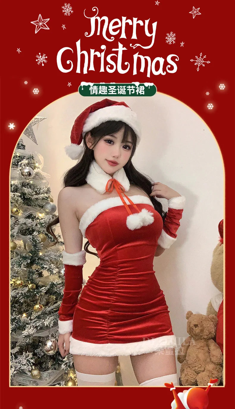 Fashion Sexy Korean Women Christmas Decoration Short Dress Elegant Velvet Sexy Female Cosplay Halloween Performance Dress 6BVH - Seprincess