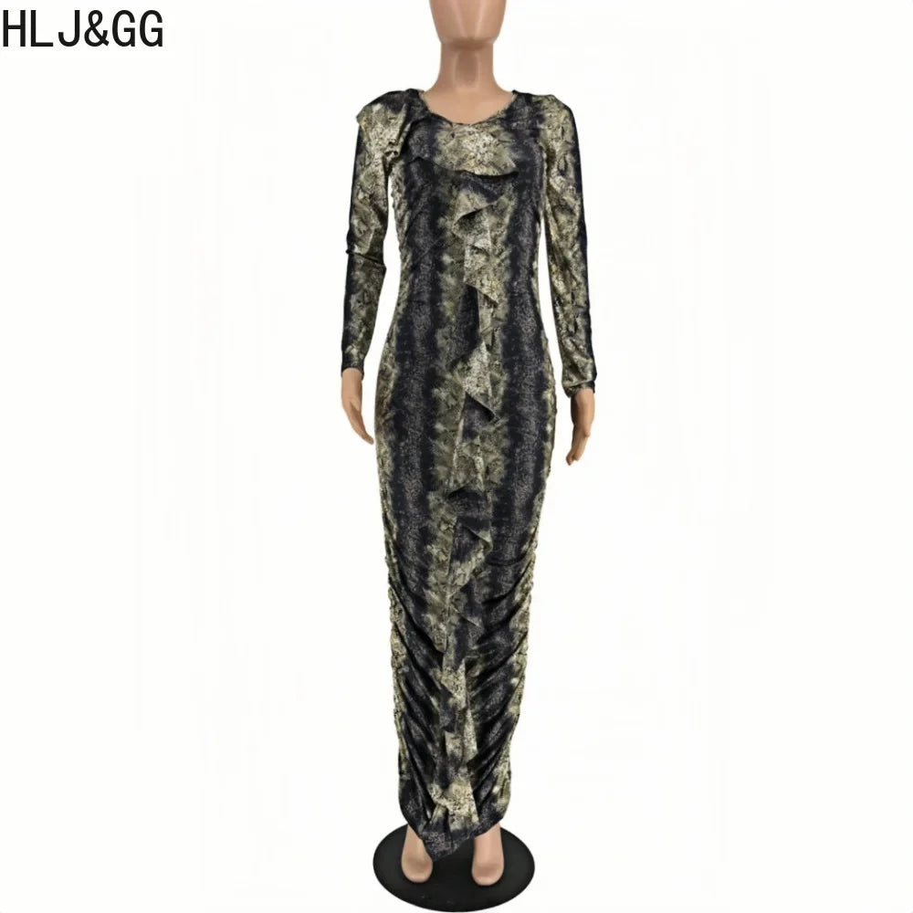 HLJ&GG Sexy Snake Printing Ruffle Bodycon Dresses Women V Neck Long Sleeve Slim Vestidos Fashion Female Ruched Dress Clothing - Seprincess