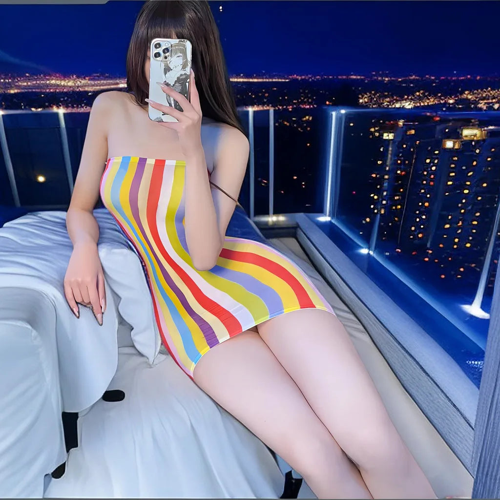 Sexy Dress Rainbow Stripe Shoulderless Temptation Tight Wrapped Hip Short Skirt Casual women's dresses Women's summer dress xxx - Seprincess