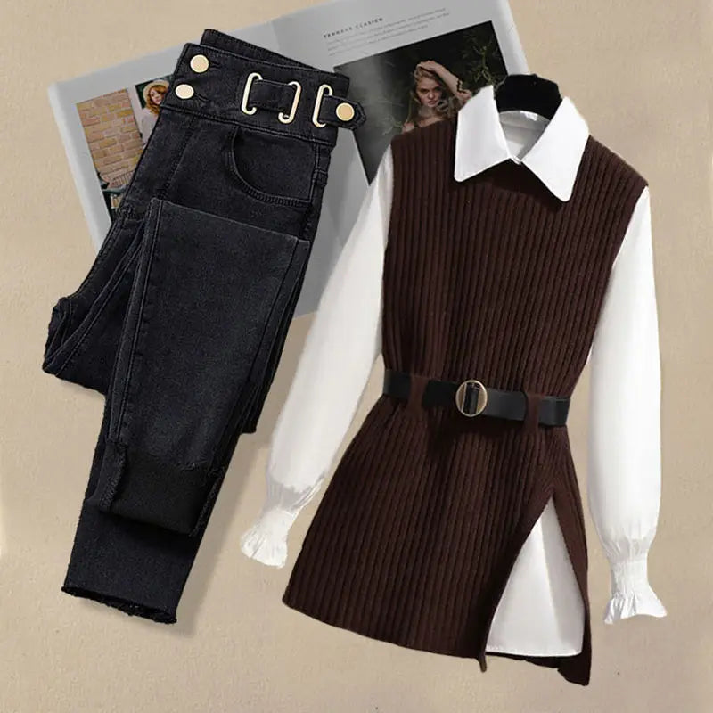 2024 Spring New Korean Elegant in Matching Set Women's Fashion Knitted Vest+Shirt+Jeans Three Piece Female Chic Denim Pants Suit - Seprincess