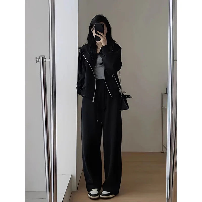 2024 Autumn Winter New Solid Loose Women's Hoodie and Sweatpants Two Piece Set Korean Fashion Y2k Zip Up Hoodie Sweatshirts - Seprincess