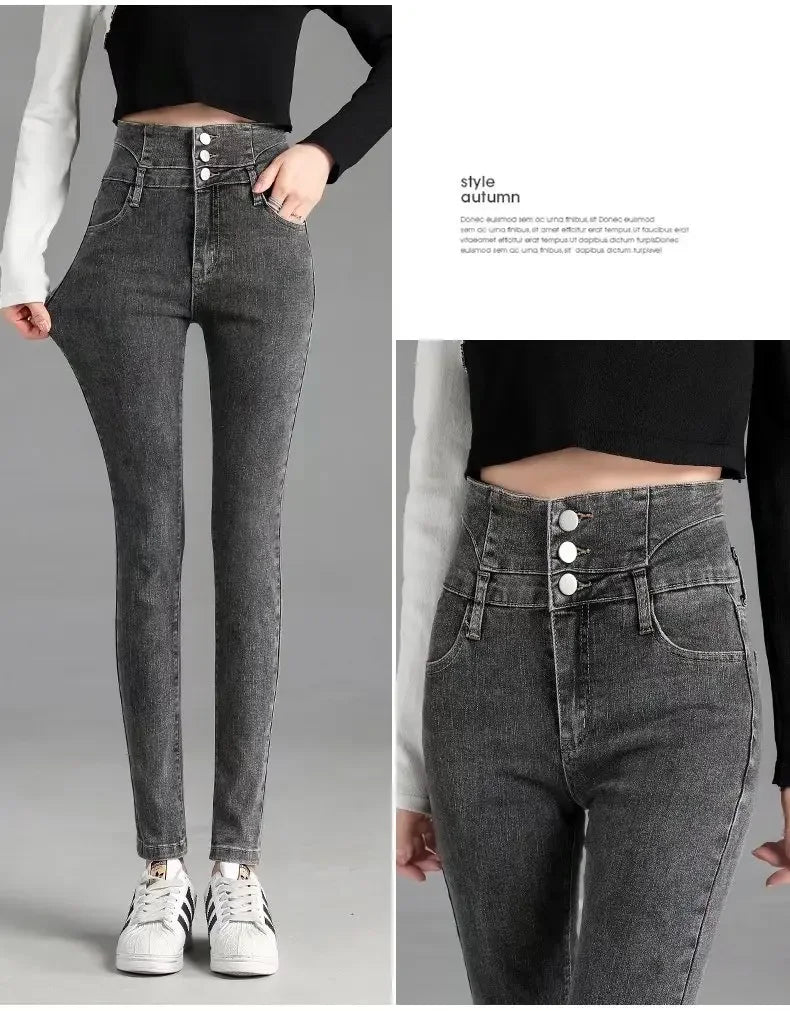 Thickened High-waisted Fleece-lined Jeans Women's Black Grey Slimming Winter 2021 New Style Tightening Integrated Velvet Pants