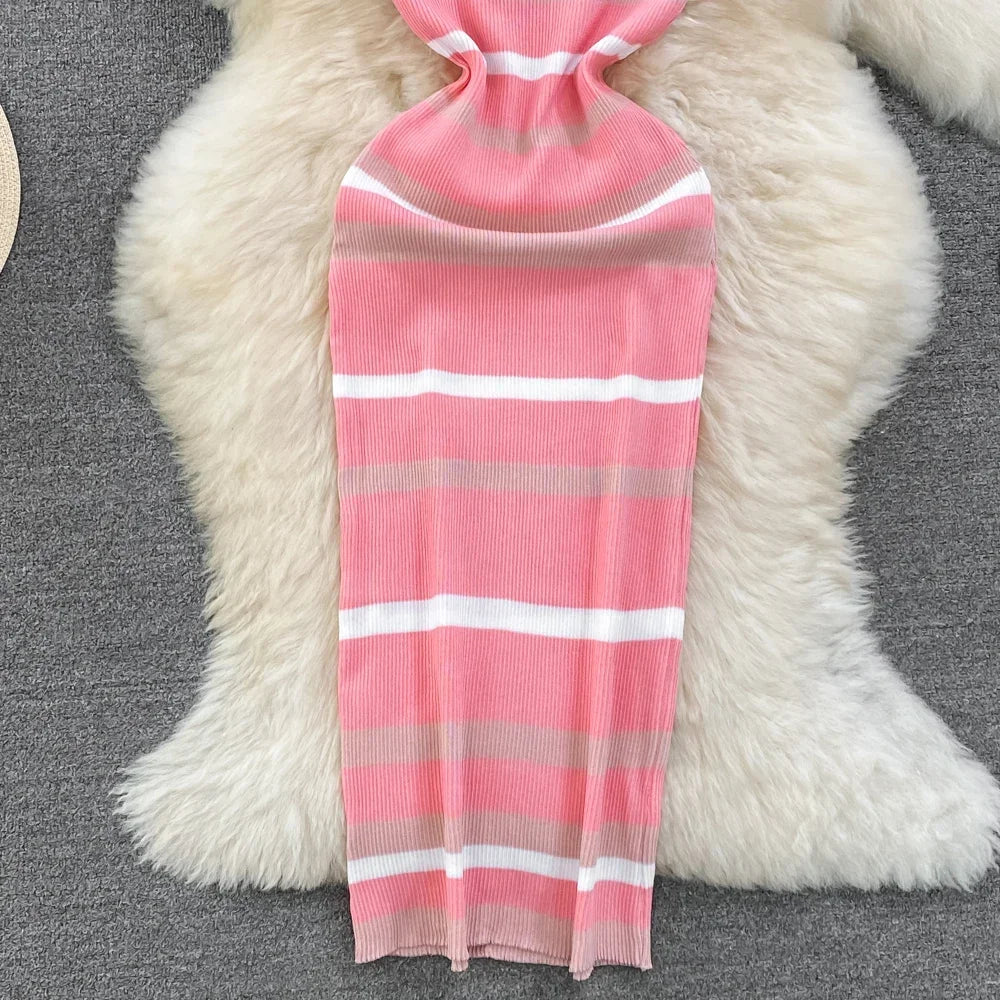 Chic Stripe O-neck Knit Elastic Bodycon Dress Sexy Beach Vacation Sundress Women Casual Slim Pencil Vestidos Maxi Long Dress - Seprincess