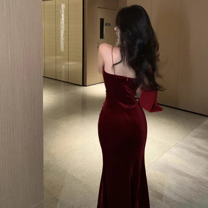 Vintage Sexy Club Prom Red Dresses for Women Spaghetti Strap Slit Velvet Dress Beach Bandage Bodycon Midi Dress Party Elegant - Seprincess