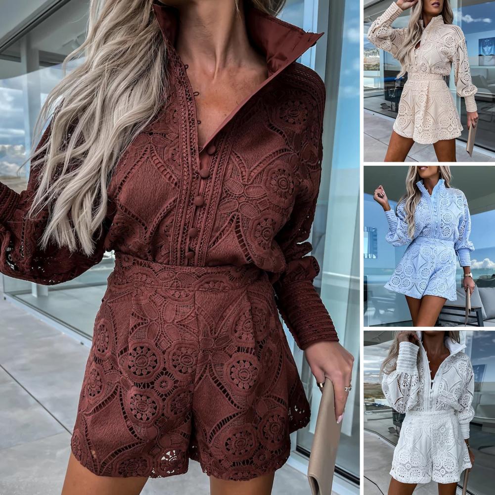 2Pcs/Set Women Outfit Blouse Long Sleeve Single Breasted High Waist Embroidery Hollow Lace Shirt Wide Leg Women Shorts Set - Seprincess