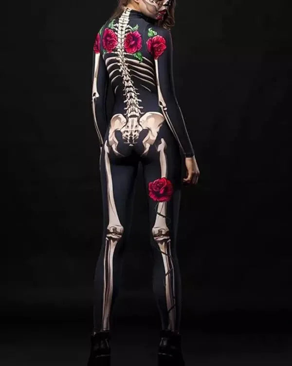 Women Cosplay Skeleton Rose Sexy Bodysuit Halloween Devil Ghost Specter Jumpsuit Romper Party Carnival Performance Scary Costume - Seprincess