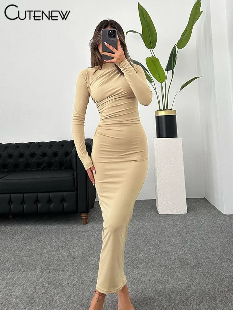 Cutenew Women's Elegant Solid O-neck Patchwork Maxi Dress Full Long Sleeves Body-shaping Robe Lady Evening Attirewear Vestidos - Seprincess