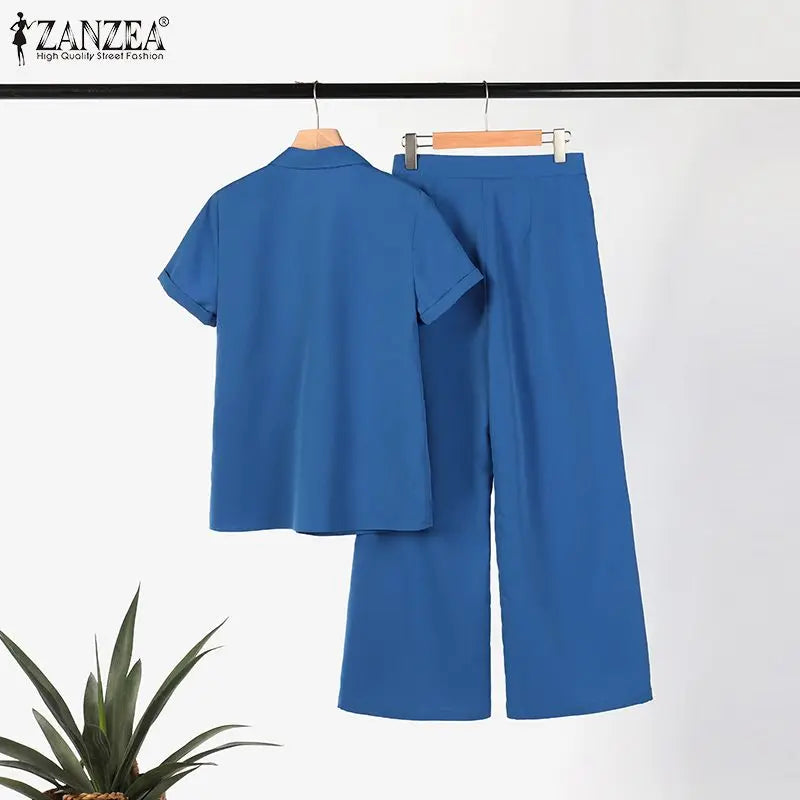 ZANZEA Summer Women Matching Sets OL Work Outfits Causal Short Sleeve Shirt Loose Wide Leg Pants Fashion Suit Urban Tracksuits - Seprincess