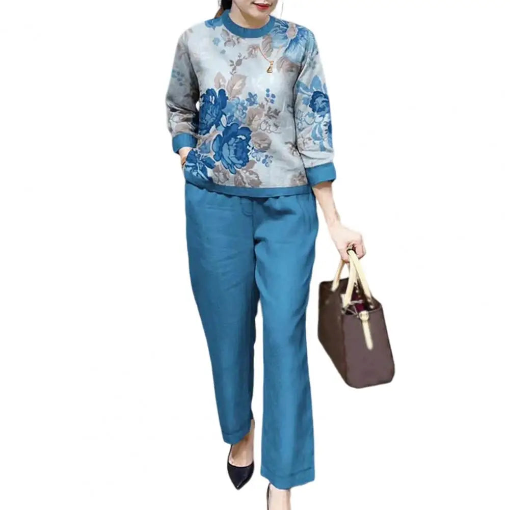 Fashion Women Loose Print Set Female Cotton Linen Outfits Commuter Elegant O-Neck Long Sleeve Tops Shirt And Straight Pants Suit - Seprincess