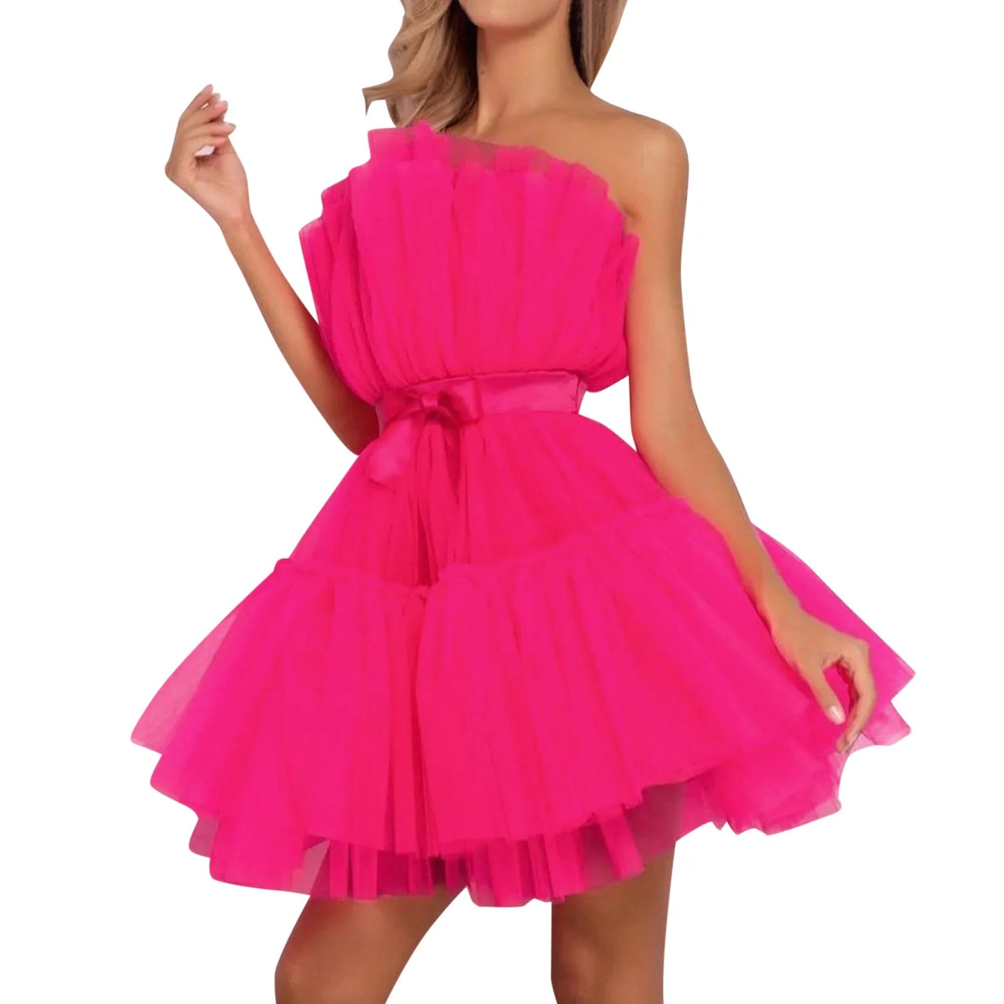 Tulle Dress Women Short Puffy Prom Dress Strapless Mesh Birthday Fairy Dresses Ruffle Cocktail Dress for Women Wedding Long - Seprincess