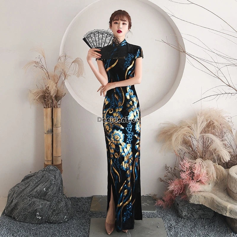 2024 temperament banquet formal dress gold graceful gorgeous thread embroidery qipao dress new retro improved chinese cheongsam - Seprincess