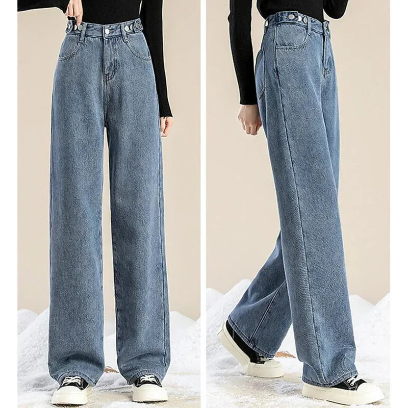 Winter Warm Jeans Women Loose Thick Plus Velvet High Waist Wide Leg Jeans Pant Casual Straight Fleece Denim Trousers