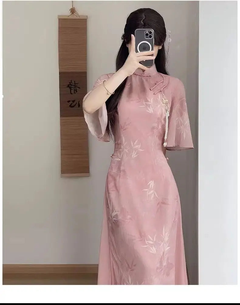 New Chinese Style Pink Qipao Dress 2024 Vintage Cheongsam Young Oriental Lady Evening Dress Summer Daily Vestido - Seprincess