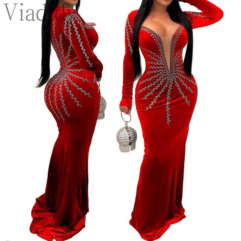 Women Sexy Velvet Mesh Rhinestone V-Neck Floor-Length Evening Party Dress Long Sleeve Back Zipper Mermaid Dresses - Seprincess