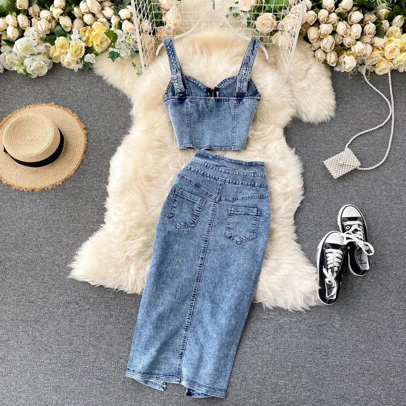 Denim Skirt Set Women Sexy Camisole Tops + High Waist Denim Pencil Skirt 2Pcs Suit Fashion Female Summer Slim Bodycon Suits - Seprincess