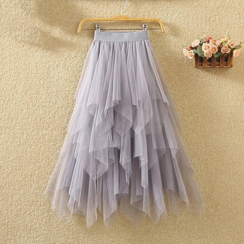 Women's Tulle Skirt Formal High Low Asymmetrical Midi Length Elastic Waist Tutu Layered Puffy Fairy Ball Gown Skirts Streetwear - Seprincess