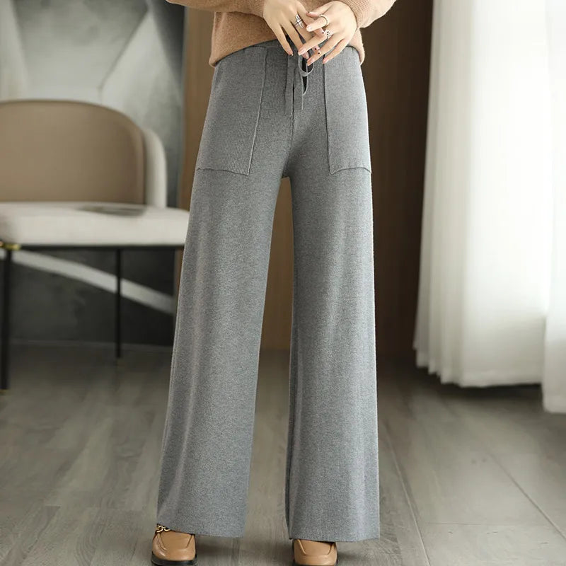 Women's Merino Wool Knitted Pants Office Lady Simple High Waist Straights Trousers Cashmere Wool Autumn Winter Thick Knitwear