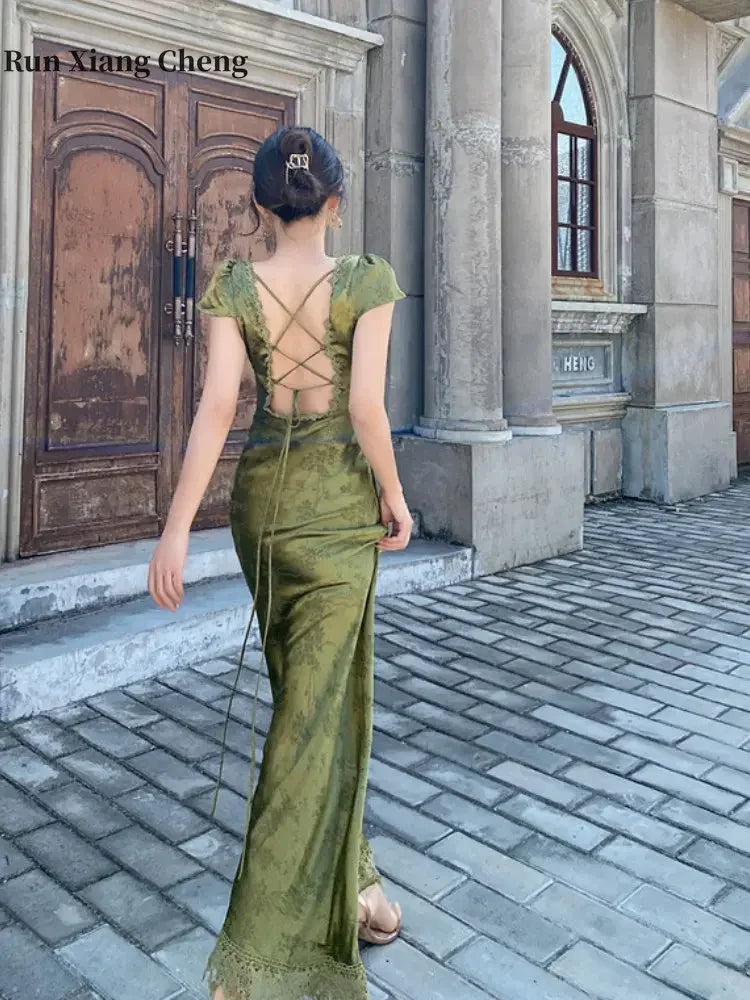 2024 Elegant Women's V-Neck Backless Satin Jacquard Long Dress Chic Turquoise Green Slim Fit Sexy Evening Gown for Party Events - Seprincess