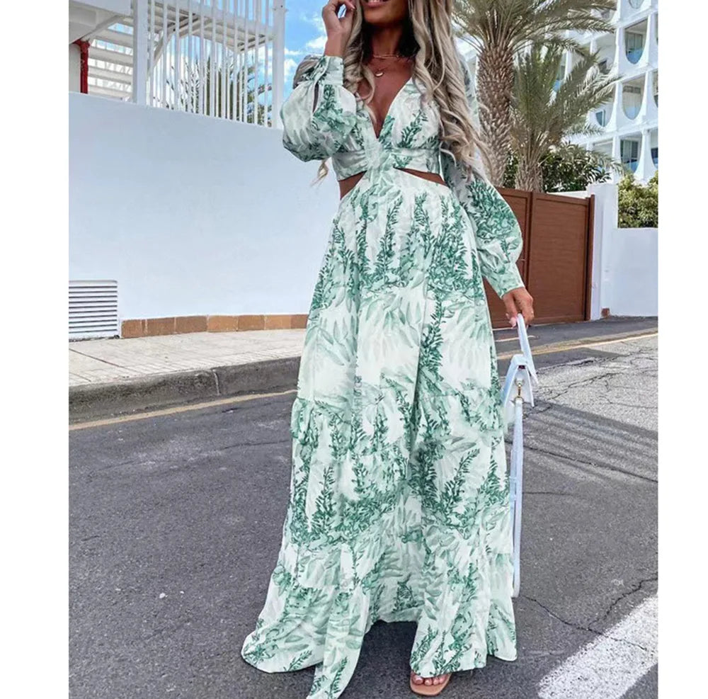 Spring New Long Dress Fashion Print Sexy Deep V-neck Long Sleeved Dress Women's Elegant Hollow Out Ruffle Spliced Maxi Dress - Seprincess