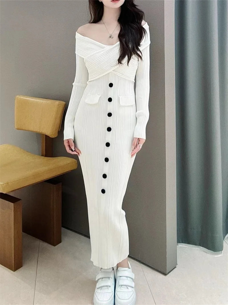 Women Slim V-Neck Knitted Dress Single-Breasted White Long Sleeve Ladies One-Shoulder Package Hip Long Robe - Seprincess