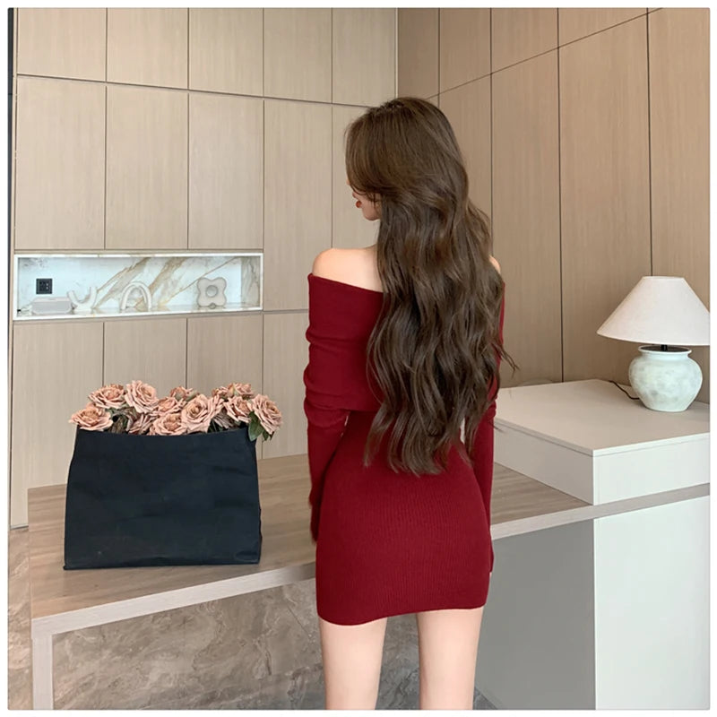 Sexy Slash Neck Mini Dress Women Vintage Elegant Black Wrap Sweater Dresses Winter Korean Red Off Shoulder Bodycon Vestidos New - Seprincess