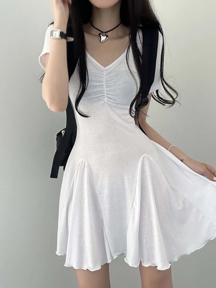 IAMSURE Casual Basic Solid Folds A-Line Dress Korean Style V-Neck Short Sleeve Mini Dresses For Women 2023 Summer Fashion Lady - Seprincess