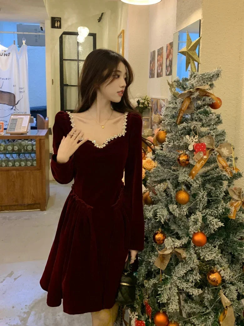 Woman's Party Evening Engagement Velvet Dress Black Vintage Prom Birthday Red Dress Long Sleeves Formal Christmas Clothing Robe - Seprincess