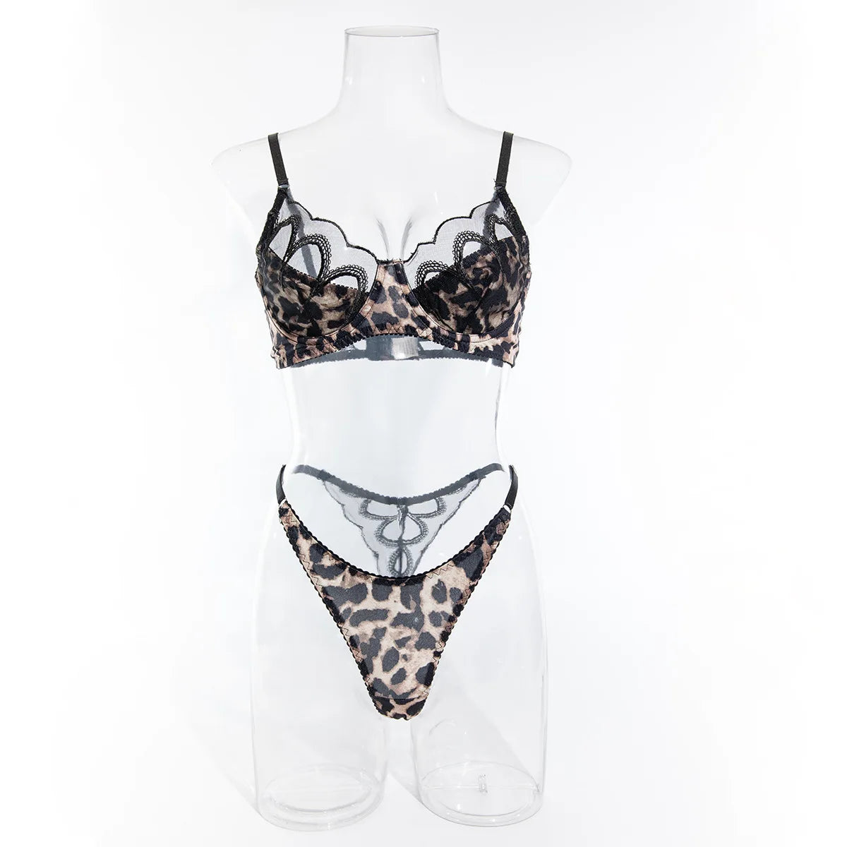 Bra Set Mesh see through leopard print thin tight strap sexy set lingerie women fancy underwear - Seprincess