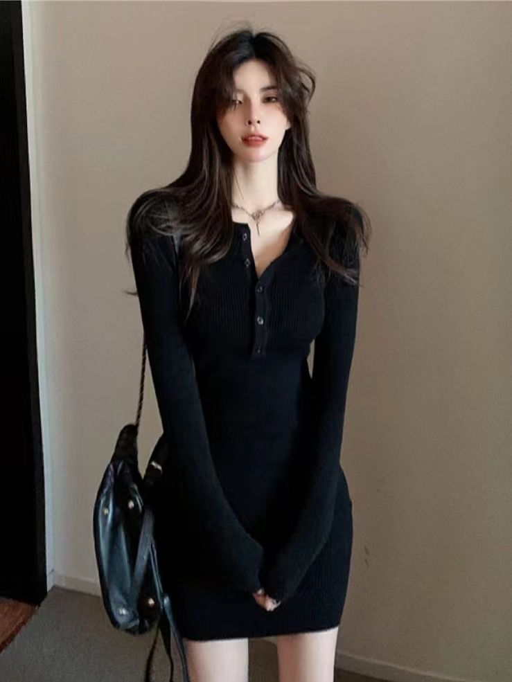 Gagarich Woman Korean High-end Waist Hot Girl Black Hip Dress Autumn Winter New Style Long Sleeved Knitted Short Vestidos - Seprincess