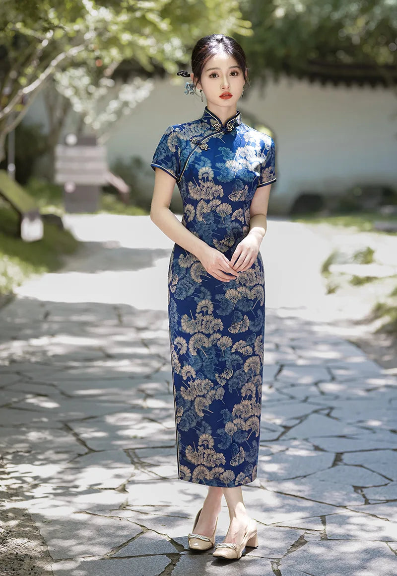 2024 Summer Autumn New Cheongsams Blue Flower Print Qipao Oriental Vintage Classical Vestidos Women's Satin Qipao Chinese Dress - Seprincess