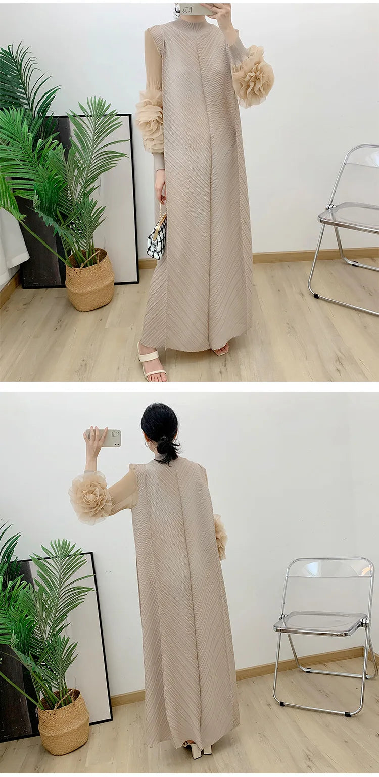 ANLAN Miyake Pleated Maxi Long Dress Mesh Petal Sleeve Half Turtleneck Formal Dresses for Women 2024 New Hot Sales 6KK9927