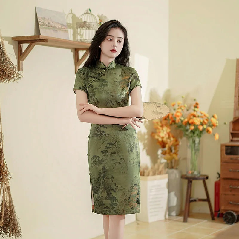 Chinese Style Dresses Women Green Print Cheongsams Elegant Chinese Traditional Dress Satin Vestido Chino Oversize 3Xl4Xl Qipao - Seprincess