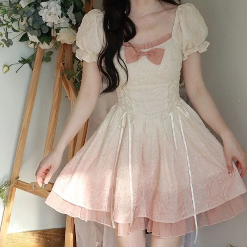 Bubble Sleeve Kawaii Lolita Mini Dress Women Pink Bow Princess Sweet Party Cute Dress A-Line Elegant Fairy Dress 2024 Spring New - Seprincess