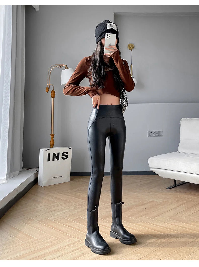 Autumn Winter Women Fleece Matte Leather Leggings High Quality Sheepskin High Waist Elastic PU Leather Pants Slim Sexy Leggings