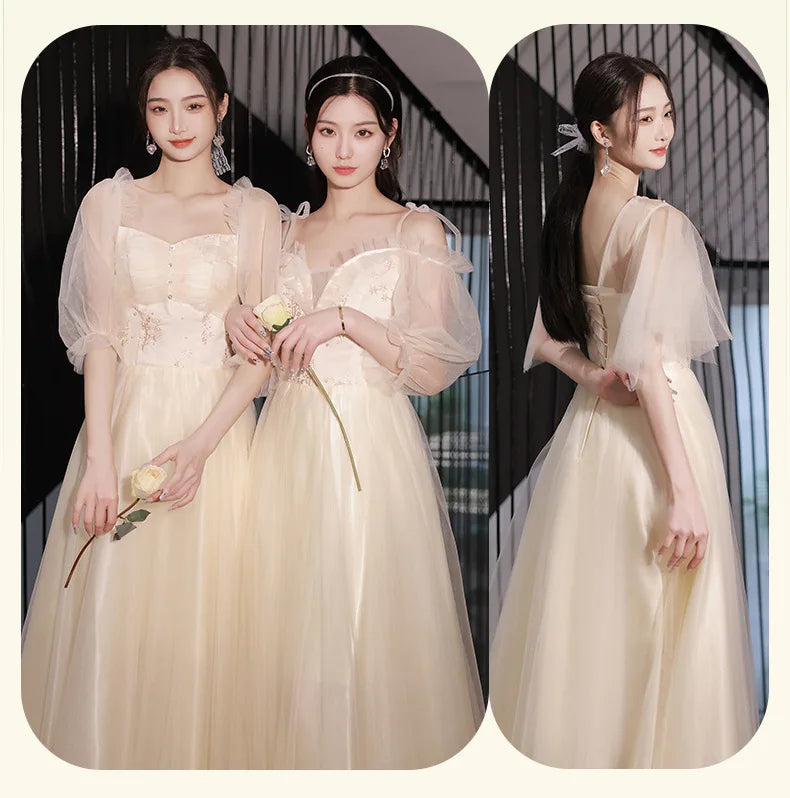 Champagne Bridesmaid Dress Women's Sweet Tulle Embroidery New Temperament Sisters Evening Dresses A-Line Wedding Party Gown - Seprincess