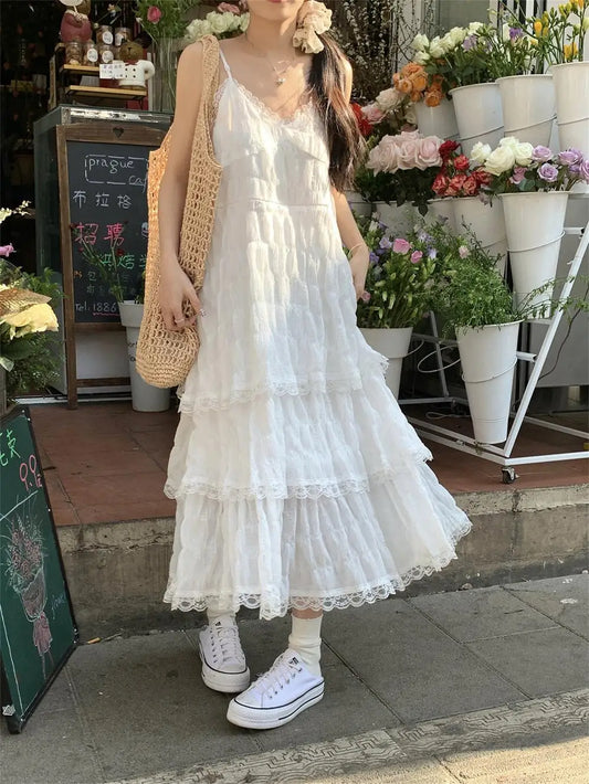 Summer Befree Long Vintage Casual Ruffles Elegant Maxi Strap Camis Silky Beach Lace Elegant Party Dress Vestidos Sexy Women - Seprincess