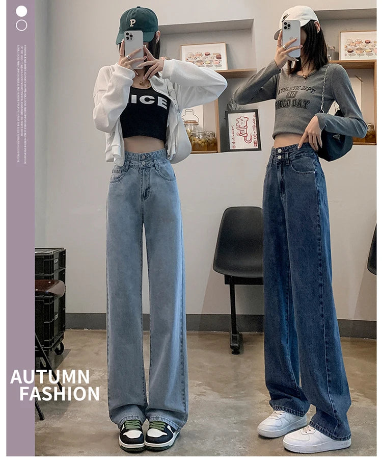 Fashion Denim Jeans Women Casual Autumn Spring Button Design Pants Loose Straight Brand High Quality New Arrivals Trousers