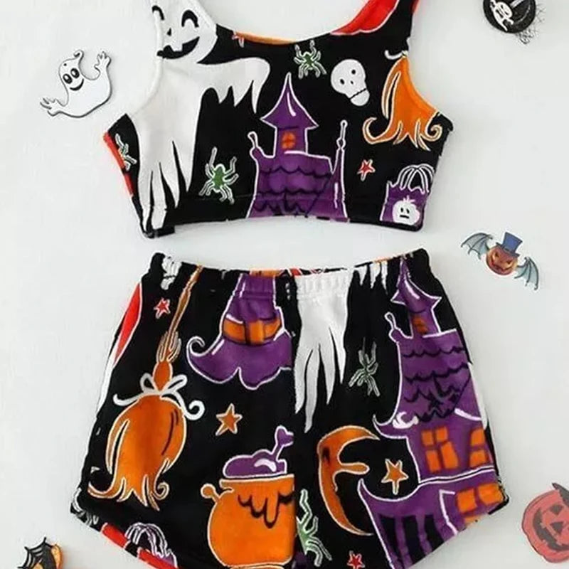 Halloween Party Women's Pajamas Set Ghost Luminous Pumpkin Printed Flannel Soft Warm Sling+shorts Pajamas Set S-XL - Seprincess